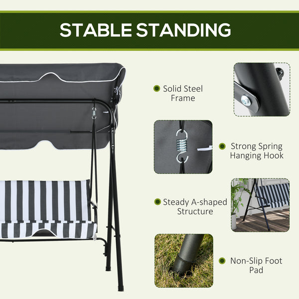 3-Seater Outdoor Porch Swing with Adjustable Canopy, Patio Swing Chair for Garden, Poolside, Backyard, Grey and White