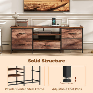 Industrial-style TV stand for TVs up to 65 inches, with charging station, 5 drawers and open shelves, rustic brown