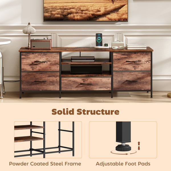 Industrial-style TV stand for TVs up to 65 inches, with charging station, 5 drawers and open shelves, rustic brown