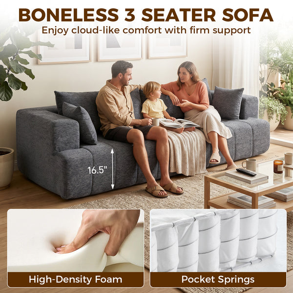 3-seater grey chenille sofa with thick seat and pocket springs, grey