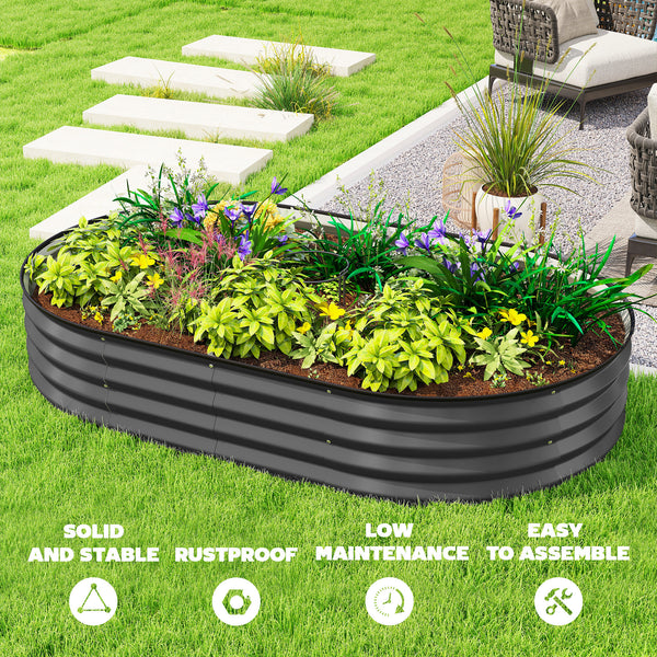 Raised outdoor planter in galvanized steel with metal support, dark grey
