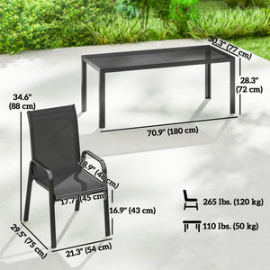 9-piece patio set, stackable chairs with glass tops for garden, terrace, yard, black