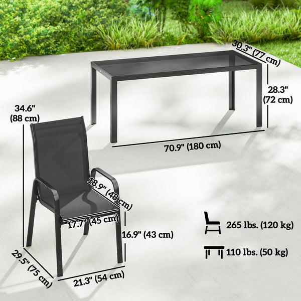 9-piece patio set, stackable chairs with glass tops for garden, terrace, yard, black