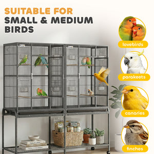 Large double bird cage with removable divider, stand with wheels and accessories – Black