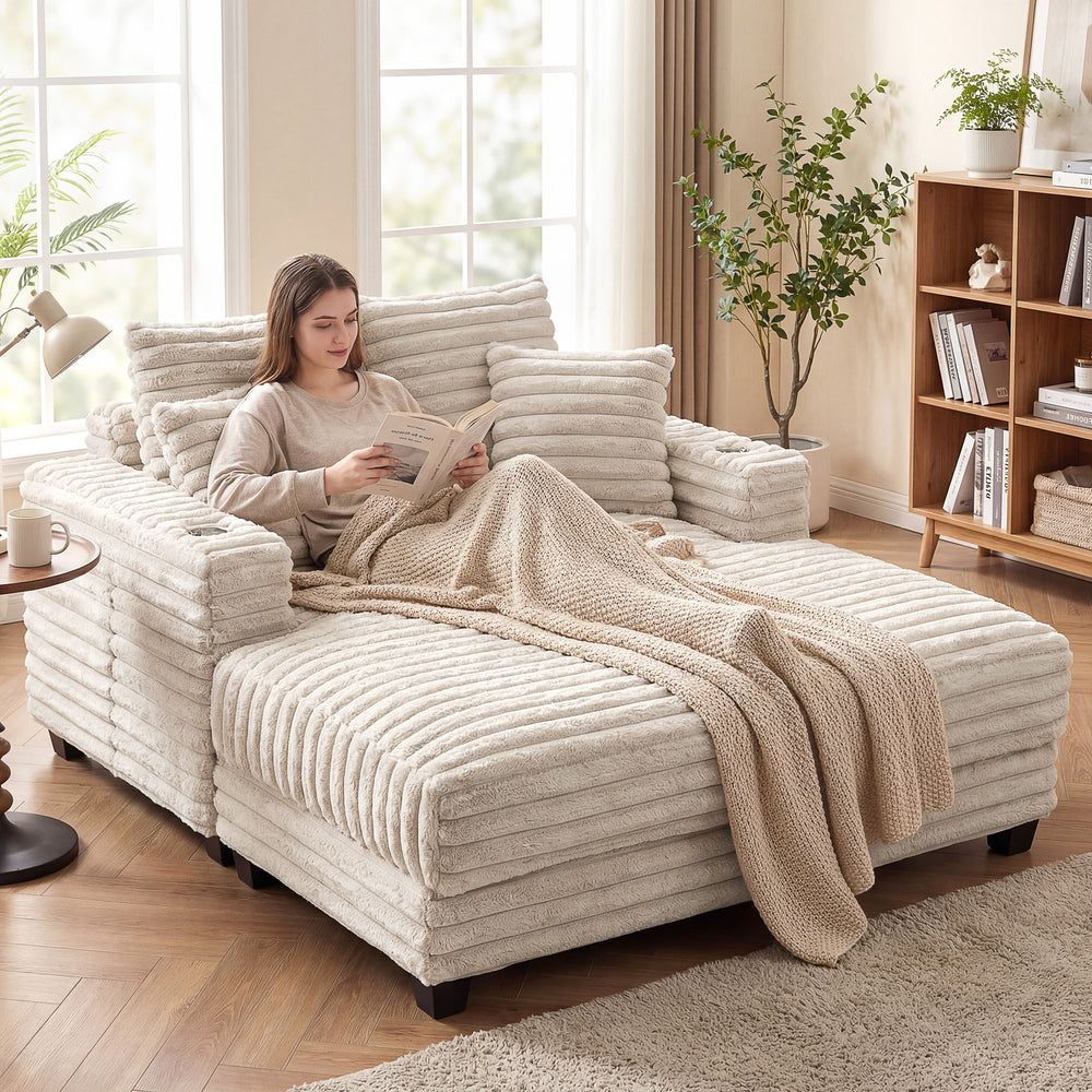 Large corduroy reading sofa with cup holders and cushions, sofa bed for living room, beige 