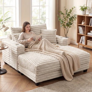 Large corduroy reading sofa with cup holders and cushions, sofa bed for living room, beige 