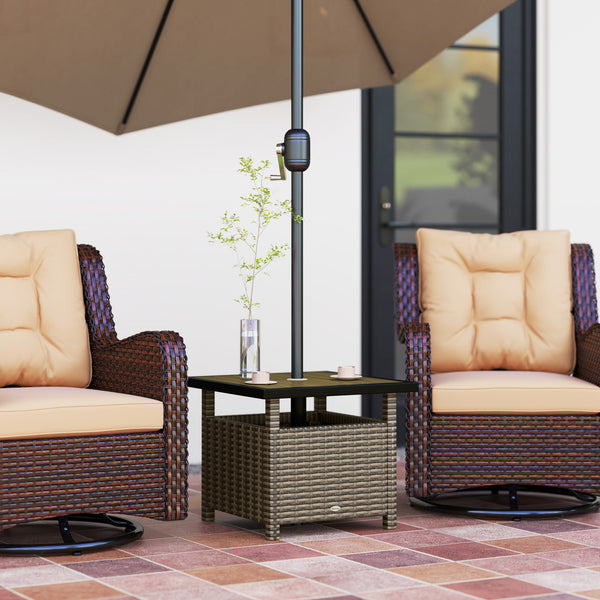 Square synthetic rattan table with parasol hole, can be used as an umbrella stand, mixed grey