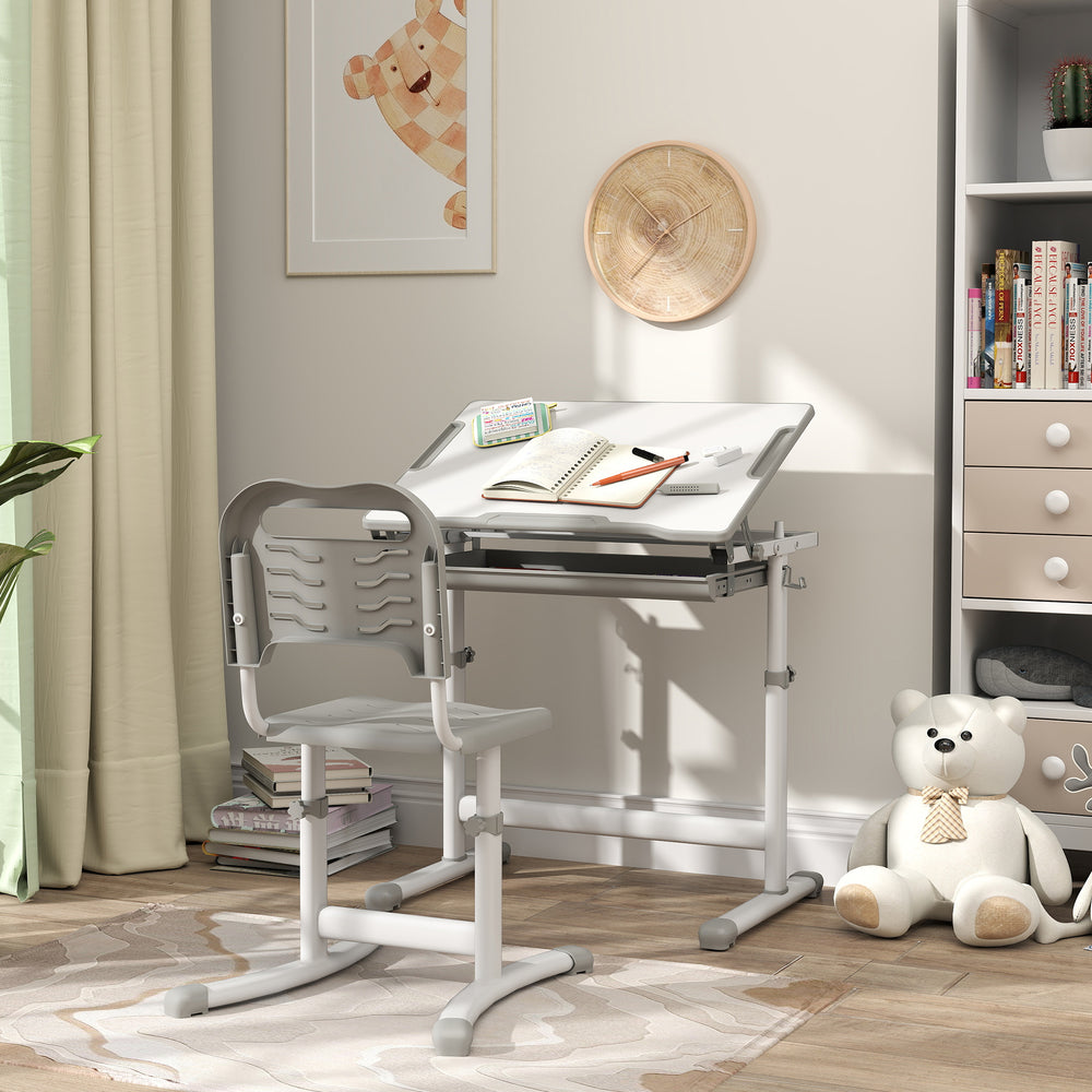 Height Adjustable Study Table and Chair Set with Drawer, Grey 