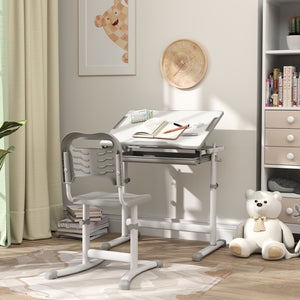 Height Adjustable Study Table and Chair Set with Drawer, Grey 