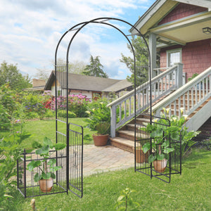 Metal garden arch with gate and 2 side planters