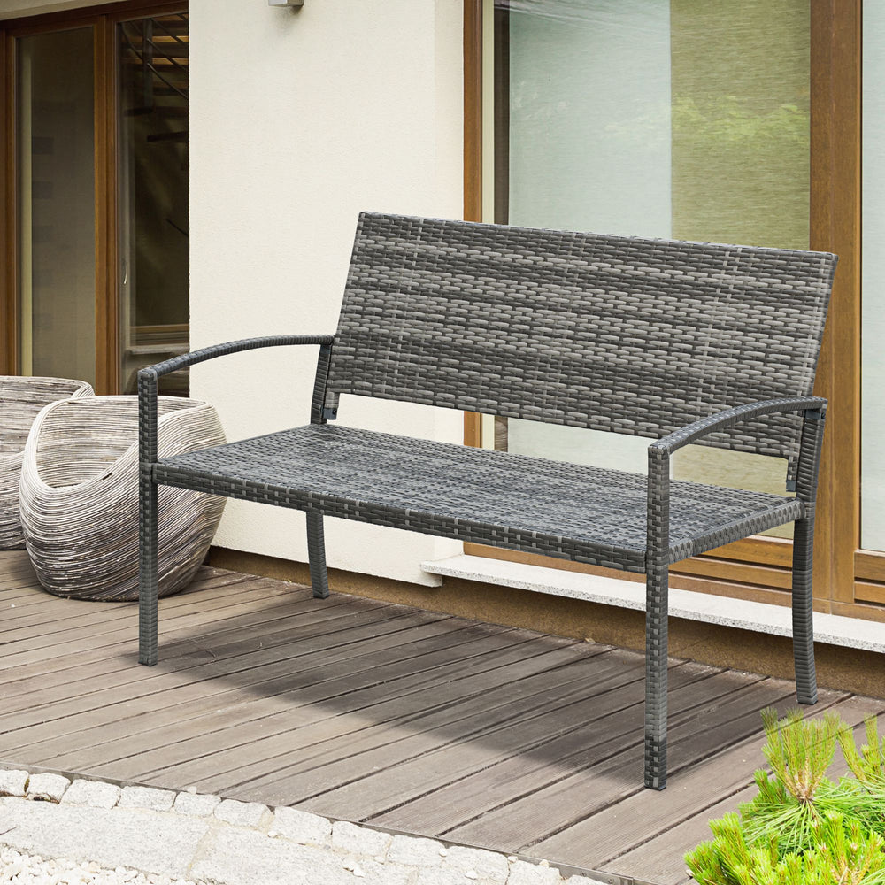 Two-seater garden bench in woven rattan, grey
