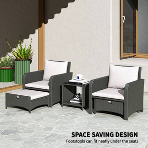 5 Piece Rattan Furniture Set with Two-Tier Coffee Table and Ottomans, Grey and Cream White
