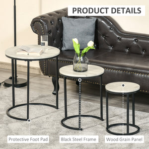 Set of 3 stackable nesting tables with steel frame, gray