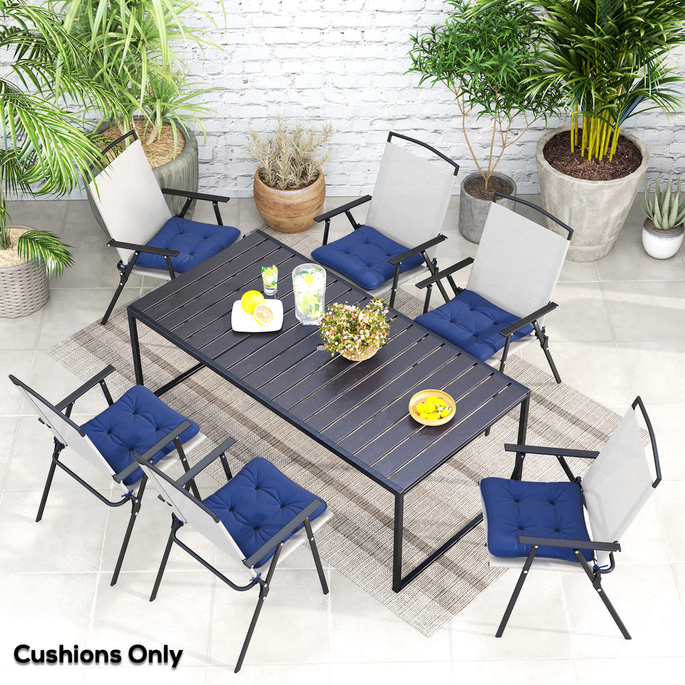 Coussins de rechange bleu foncé, lot de 6 pièces, capitonnés avec attaches, adaptés pour chaise de patio d’extérieur.