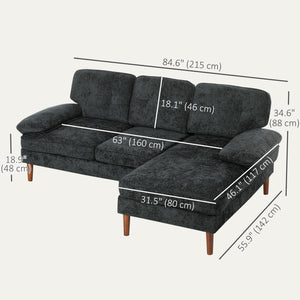 Modern corner sofa with right chaise longue, 3 seater upholstered with wooden legs, black