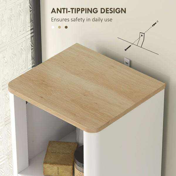 170 cm high, narrow bathroom cabinet with 3 open shelves, drawer and 2 adjustable shelves, white 