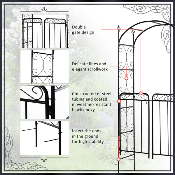 Metal garden arch with scrollwork doors
