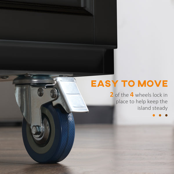 Rolling kitchen island with drop leaf, rubberwood top and adjustable shelves, black