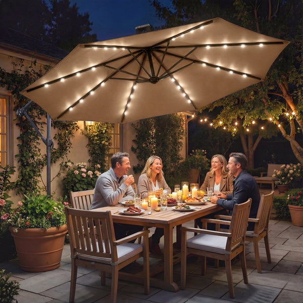 2.95 m cantilever patio umbrella with solar lighting, protective cover, tilt function, crank, khaki