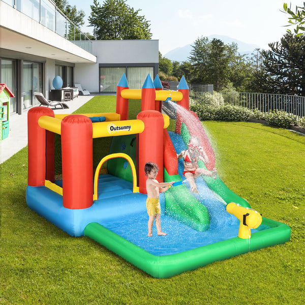 6-in-1 inflatable with trampoline, slide, water pool and climbing wall