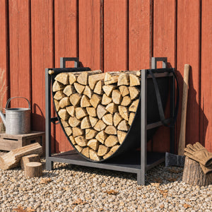 Compact steel firewood rack with carrying bag, black