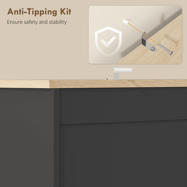Kitchen unit with 3 cupboards, 2 drawers, adjustable shelves and microwave stand, black.