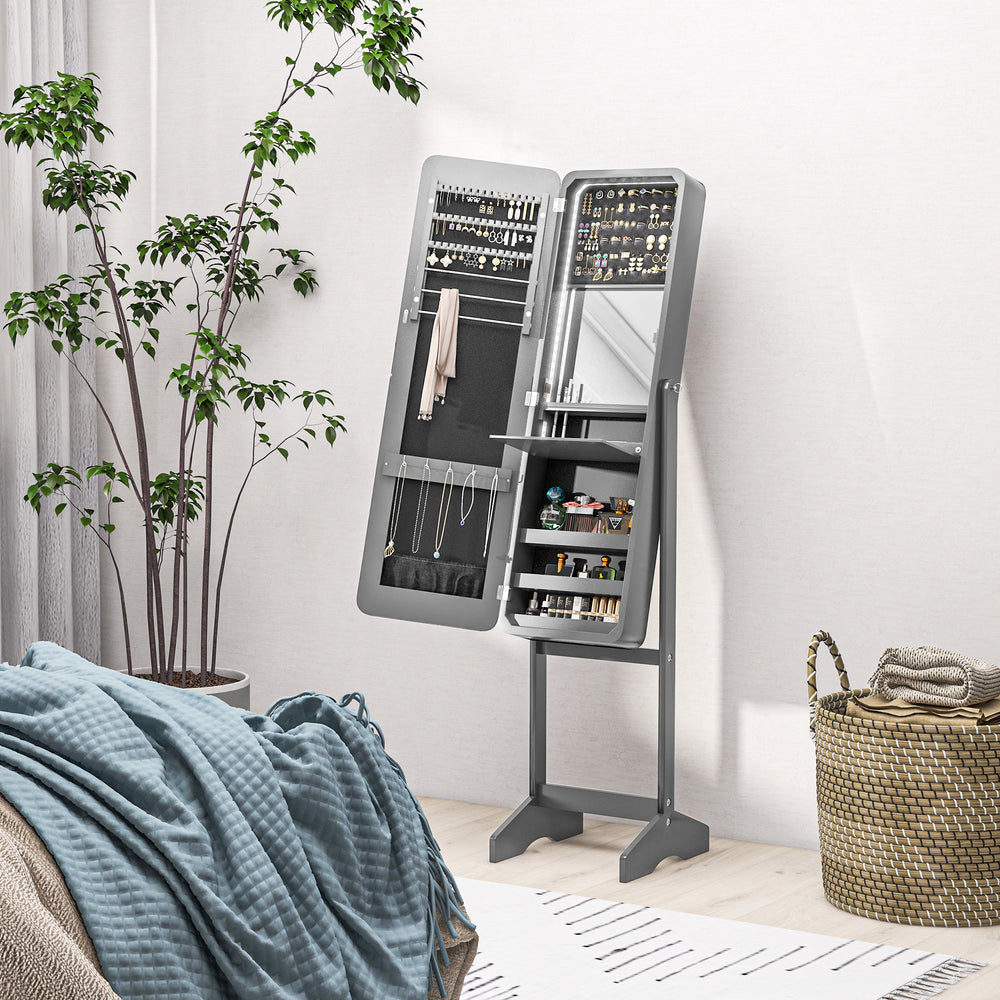 Standing Jewelry Cabinet with Mirror and Adjustable Angle LED, Gray