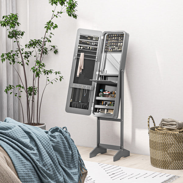Standing Jewelry Cabinet with Mirror and Adjustable Angle LED, Gray