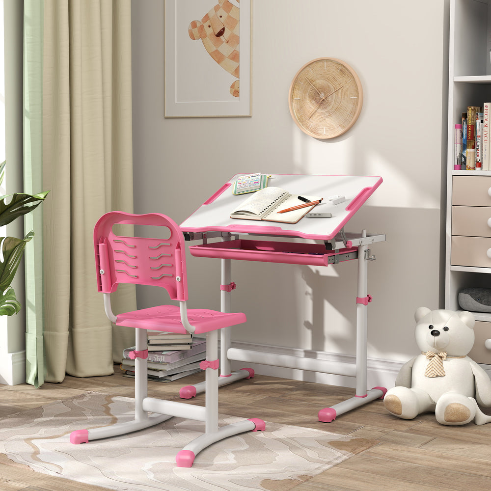 Height Adjustable Study Table and Chair Set with Drawer, Pink