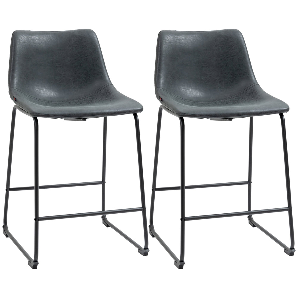 Set of 2 vintage-style bar stools in faux leather, black
