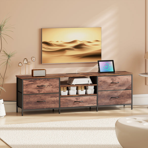 Industrial-style TV stand for TVs up to 70 inches, with charging station, 5 drawers and open shelves, rustic brown 