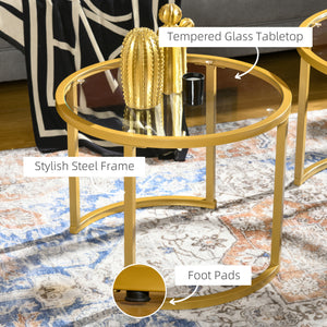 Set of 2 modern round coffee tables with gold tempered glass top