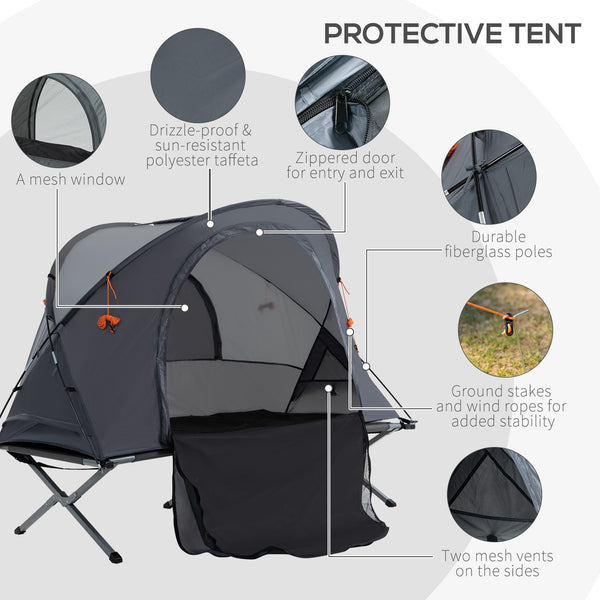 Folding camp bed with self-inflating air mattress and carrying bag
