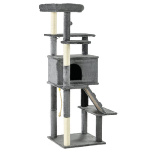 147cm tall cat tree with scratching posts, large indoor cat tower with bed, hideaway and toys, grey