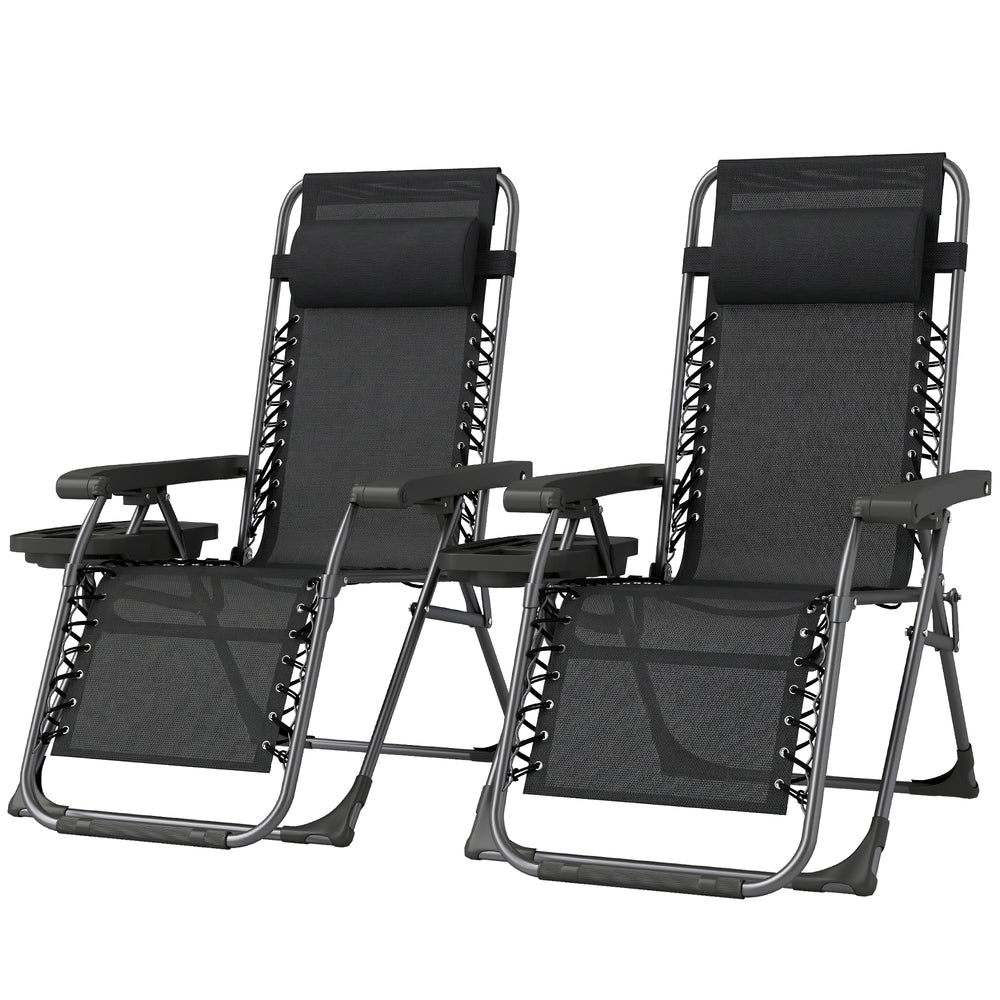 Set of 2 Zero Gravity Outdoor Lounge Chairs, Folding and Reclining, with Cup Holder and Headrest, Black.