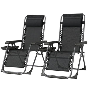 Set of 2 Zero Gravity Outdoor Lounge Chairs, Folding and Reclining, with Cup Holder and Headrest, Black.