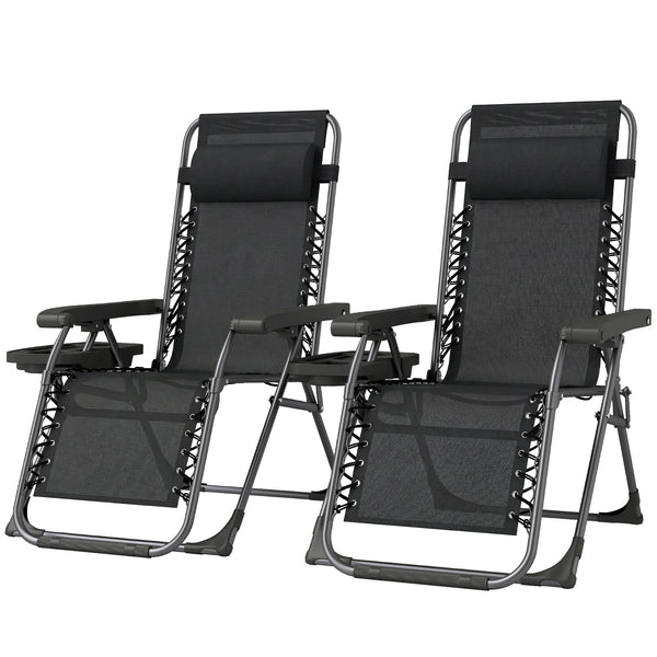 Set of 2 Zero Gravity Outdoor Lounge Chairs, Folding and Reclining, with Cup Holder and Headrest, Black.