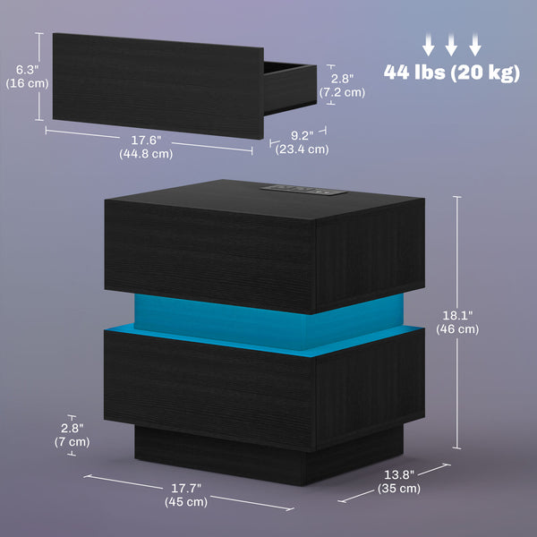 Bedside table with charging station and black LED lighting