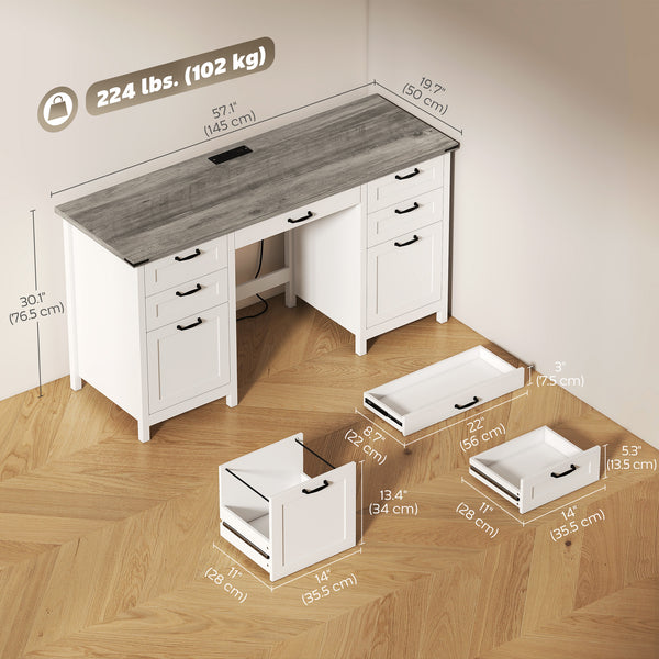 57-inch 7-drawer desk with outlets, white and brown