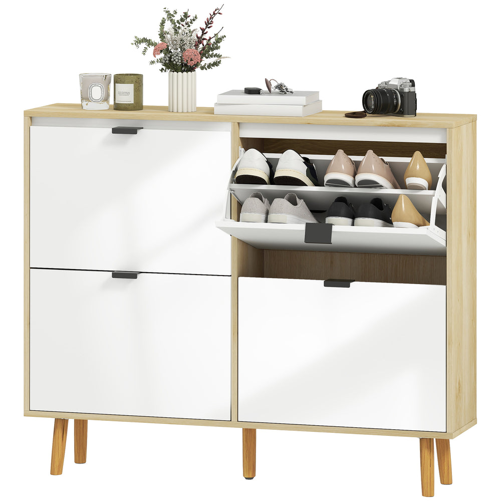 Narrow shoe cabinet, high-gloss finish, with 4 drop-down drawers and adjustable shelves, for 20 pairs, white