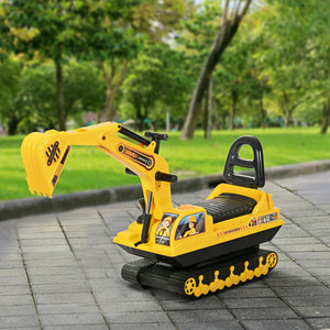 Self-propelled excavator with backhoe and under-seat storage