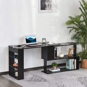 L-shaped corner desk, 360° swivel, with storage shelf, black