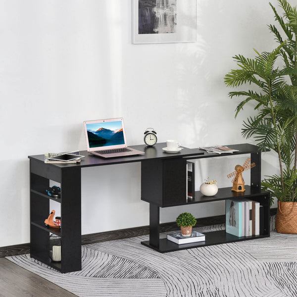L-shaped corner desk, 360° swivel, with storage shelf, black
