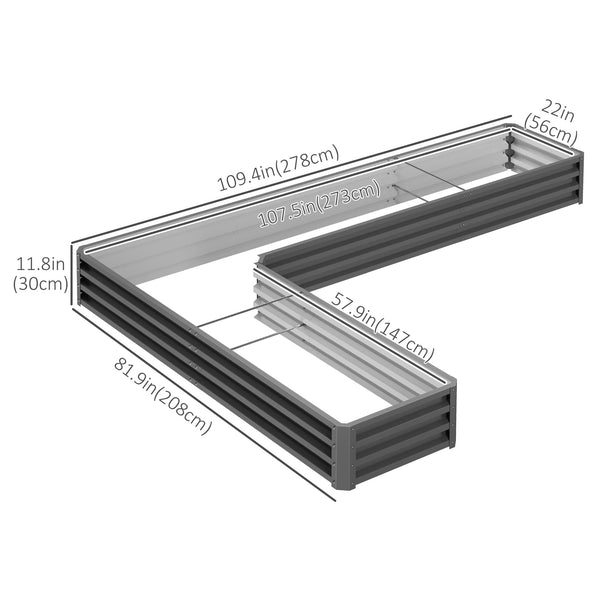 Raised L-shaped planter made of galvanized steel with reinforced rods