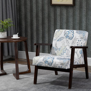 Retro fabric armchair with wooden armrests, floral pattern