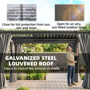 10 x 13 louvered pergola, steel roof and curtains, drainage gutters, grey