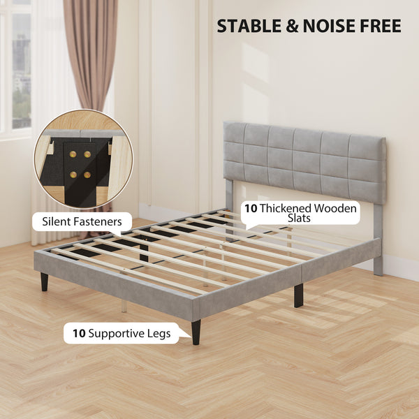 Queen Size Bed Base with Upholstered Headboard, Gray