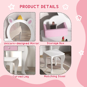 Unicorn Dressing Table with Stool, Mirror, Drawer and Storage Boxes, White