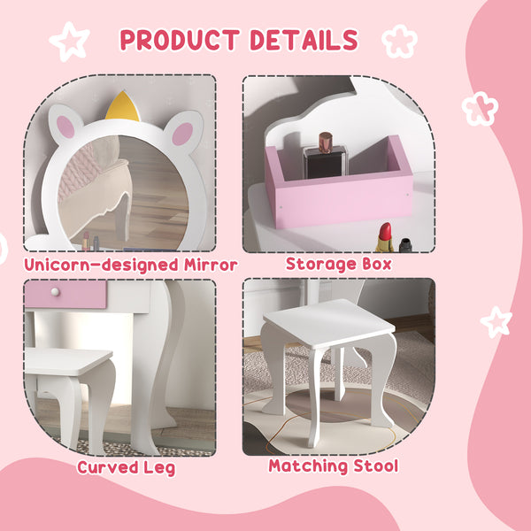 Unicorn Dressing Table with Stool, Mirror, Drawer and Storage Boxes, White