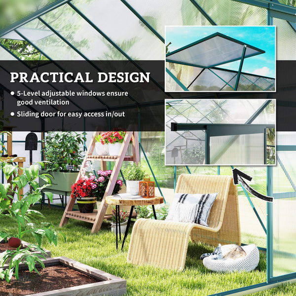 Green aluminum and polycarbonate garden greenhouse